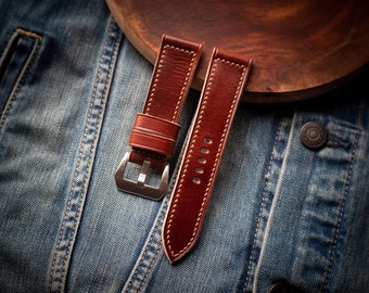 Correa estilo Pam de 24 mm, 26 mm y 22 mm. Correa de piel curtida vegetal marrón, hecha a mano para Panerai.