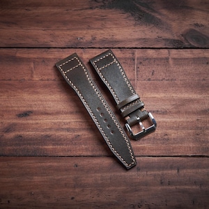 Pilot watch strap for IWC, Aviation watch. Olive green veg tan leather band aviator pilot design.