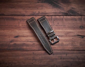 Pilot watch strap for IWC, Aviation watch. Olive green veg tan leather band aviator pilot design.