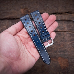 Patina blue vegetable tanned rally watch strap 20mm, 22mm, 24mm, 18mm. Handmade leather blue racing watch strap, leather watch band