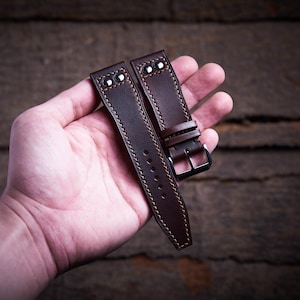 Rivet pilot strap for IWC, Aviation watch. Dark brown veg tan leather band aviator pilot design with rivet.