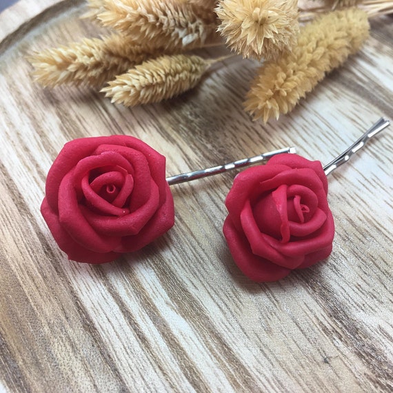 Red Rose Bridesmaid Hair Pin Red Wedding Bobby Pins Rose Etsy