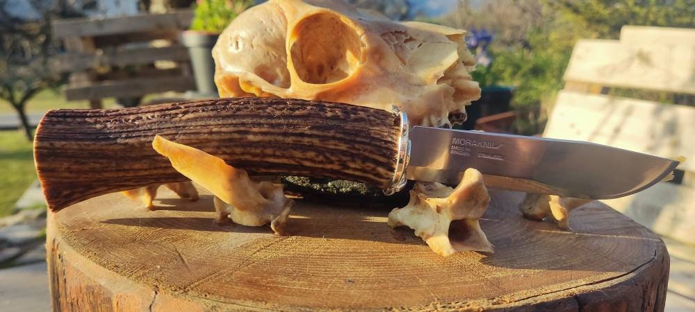 Le Berserker, Couteau de Style Nordique , Bois Cerf Savoie, Lame Inox Suèdoise Morakniv Garde Tête d