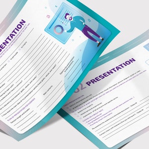 May include: A teal and pink presentation worksheet with the title "Presentation" and a checklist of key features and a plan for the audience. The worksheet includes a cartoon illustration of a person presenting a pie chart.
