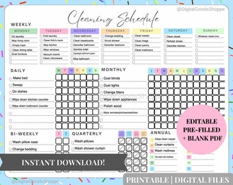May include: A printable cleaning schedule in pastel colours, divided into weekly, daily, bi-weekly, quarterly, and annual tasks. Text includes "Instant Download!" and "Editable Pre-filled + Blank PDF."