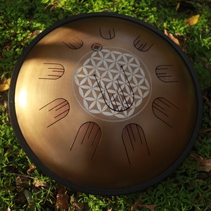 Handpan drum 19 inch, Sacred Geometry Flower of Life, Stainless Steel Tongue Drum + Free mallets