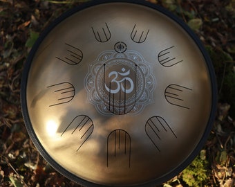 Big Tongue Drum Om engraving ( hant drum, handpan ) 48cm/19inch Golden stainless steel with overtones