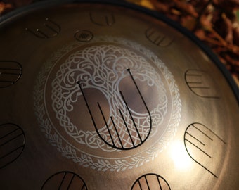 Tongue Drum Big size 48cm/19inch with Tree of Life engraving ( hant drum, handpan ) Golden stainless steel overtones
