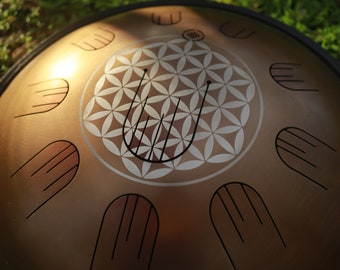 Big Tongue Drum with Flower of Life engraving ( hant drum, handpan ) 48cm/19inch Golden stainless steel with overtones