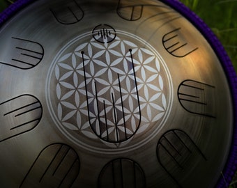 Handcrafted 15-inch Steel Tongue Drum: Sacred Geometry, Meditation Healing