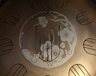 Tongue Drum 10 notes 48cm/19inch Sakura engraving ( hant drum, handpan ) Golden stainless steel with overtones