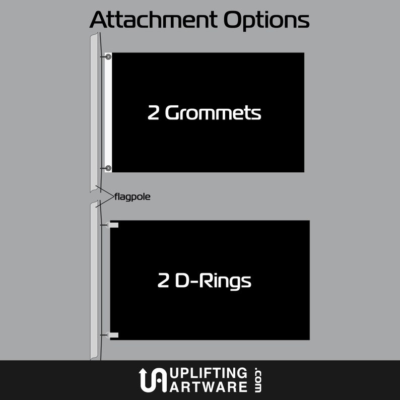 May include: Diagram showing two different attachment options for a flag. The first option shows a flag with two grommets, the second option shows a flag with two D-rings. Both options are attached to a flagpole.