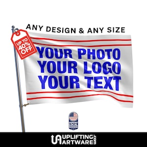 May include: A white flag with red and blue stripes. The flag has the text 