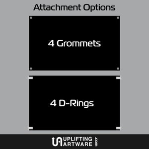 May include: Two black banners with white text. The top banner says "4 Grommets". The bottom banner says "4 D-Rings".
