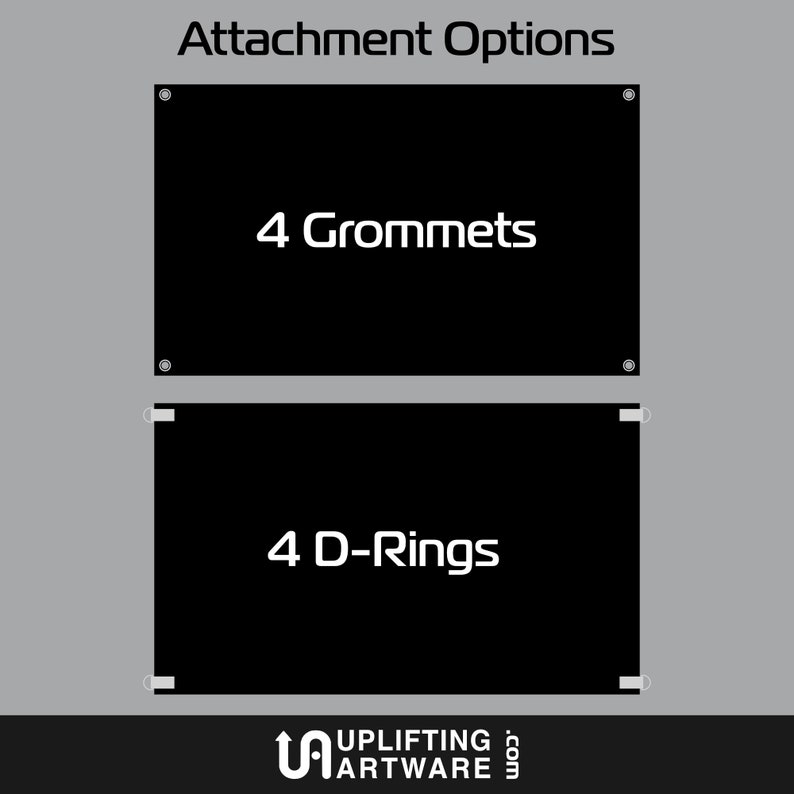 May include: Two black banners with white text. The top banner says "4 Grommets". The bottom banner says "4 D-Rings".