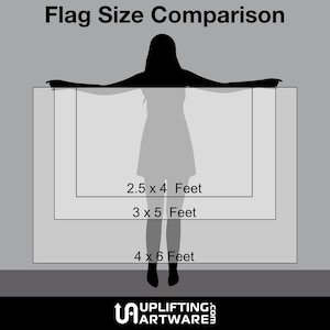 May include: A silhouette of a person standing in front of three rectangular flags of different sizes. The flags are labeled with their dimensions in feet: 2.5 x 4 feet, 3 x 5 feet, and 4 x 6 feet. The image is a visual representation of flag sizes for comparison.
