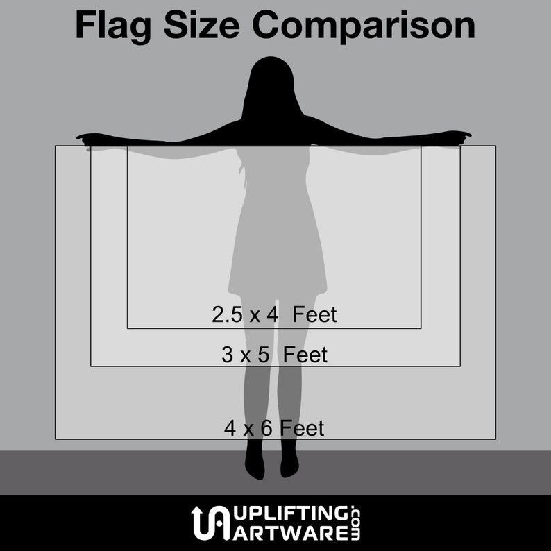May include: A silhouette of a person standing in front of three rectangular flags of different sizes. The flags are labeled with their dimensions in feet: 2.5 x 4 feet, 3 x 5 feet, and 4 x 6 feet. The image is a visual representation of flag sizes for comparison.