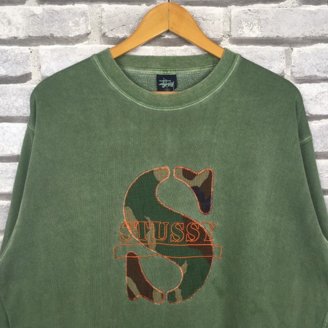 Vintage STUSSY CAMO Logo Design Sweatshirt Original Distressed Green ...