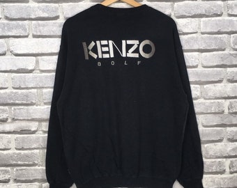 Vintage KENZO GOLF Japanese Designer Black Sweatshirt Big Logo Spell Out Embroidered Unisex Size 3 Fits Medium