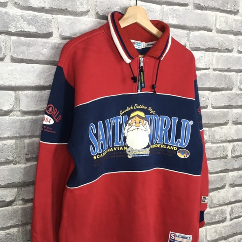 Vintage 90s SANTA WORLD Sweatshirt Big Logo Spell Out Unisex Casual Sportswear Size Medium