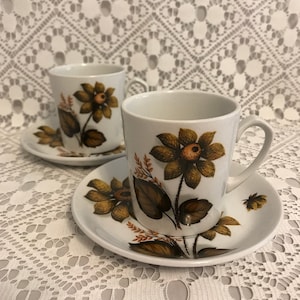 May include: Two white ceramic teacups with brown floral designs and matching saucers. The cups have a rounded shape and a handle on the right side. The floral design features brown leaves and flowers with a yellow centre.