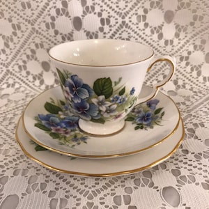 Vintage Royal Vale Tea Set Trio / Tea Cup and Saucer / Cake Plate / Tea Plate / Royal Vale Blue Pansies, Violets, Forget-me-Nots