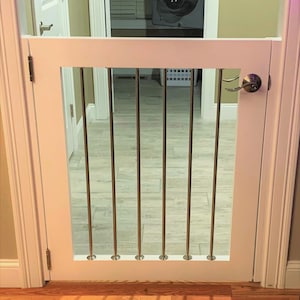 Modern Stainless Steel Baby Gate and Dog Gate for Interior Stairs, Doorways, and Halls. White Satin Lacquer Finish.