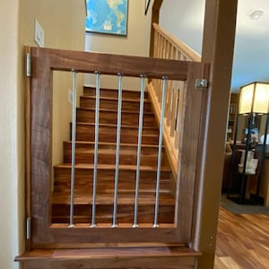 Walnut Baby Gate and Dog Gate with Stainless Steel Balusters and Brushed Nickel Hardware