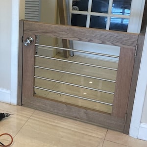 Oak and Stainless Steel Gate for Dogs, Pets, and Babies for Interior Stairs, Doorways, and Halls. Finished with Stain and Lacquer