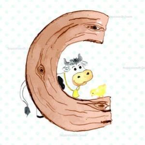 Può includere: Una lettera C in legno marrone con una mucca bianca e un pulcino giallo che spuntano da dietro. Lo sfondo è bianco con puntini blu chiari.