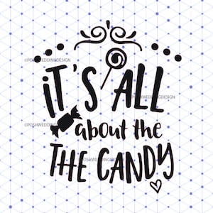 May include: Black and white graphic design with the text "It's all about the candy." The design includes a wrapped candy, a lollipop, and a heart. The background is a white pattern with blue dots.