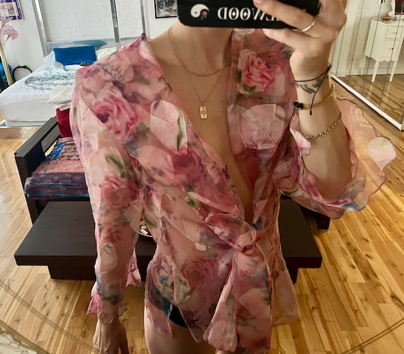 Rare Romantic Sheer Watercolor Floral Top - image 4