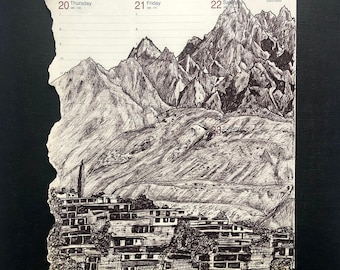 Dessin original de stylo de paysage de montagne