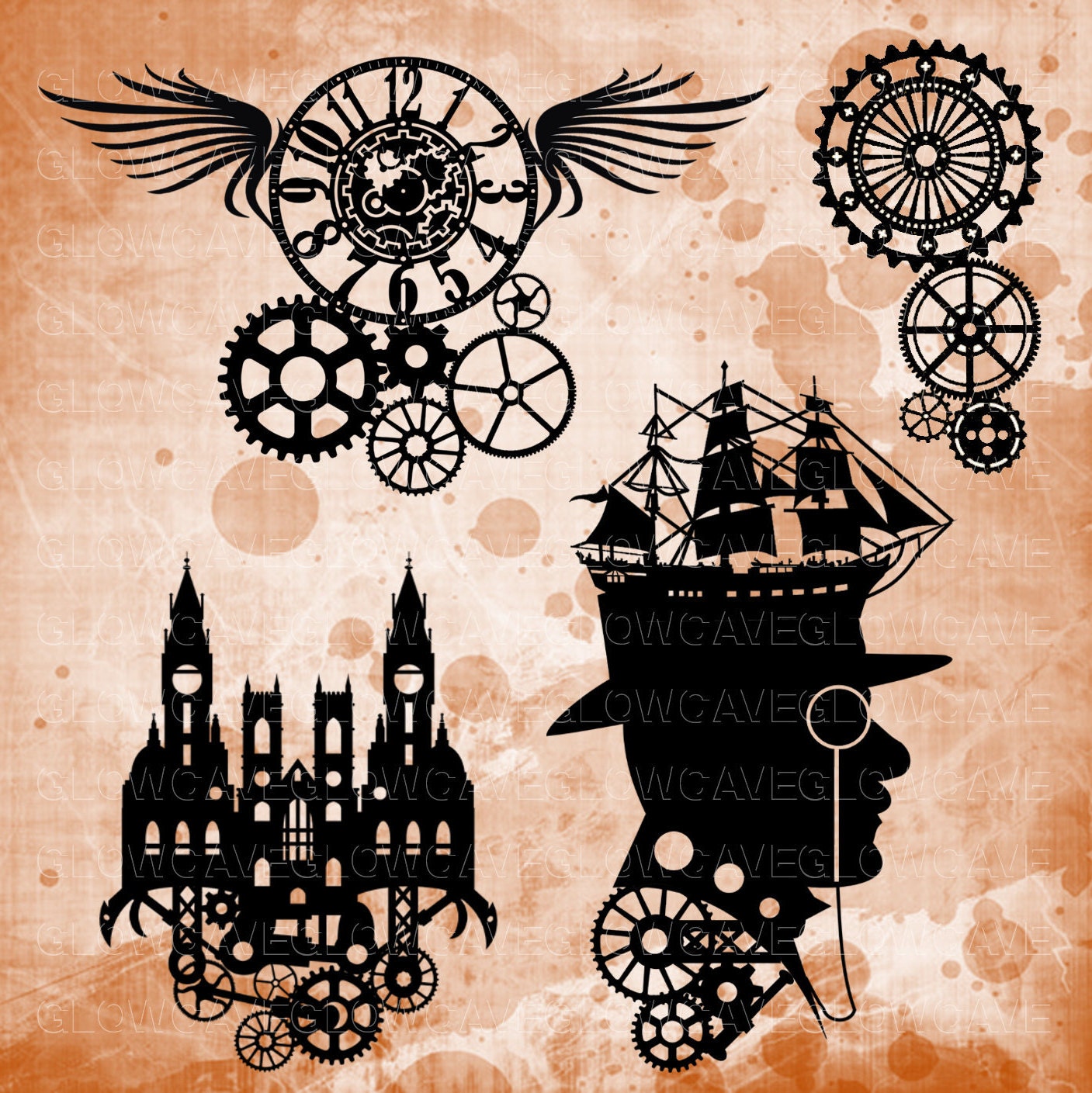 Steampunk Silhouettes Svg File Steampunk Clip Art Steampunk Etsy