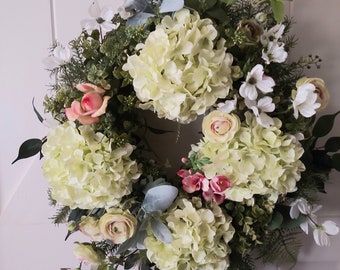 Spring front door wreath, spring door wreath, hydrangea door wreath, front door wreath, cottage wreath, door wreath, easter wreath, decor