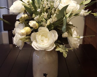 Farmhouse floral arrangement,white floral arrangement,rustic floral arrangement,farmhouse table arrangement,counter top floral arrangement