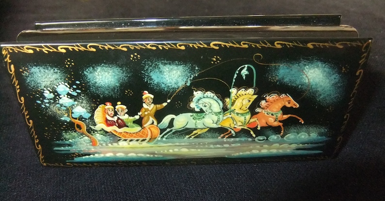 Russian Lacquer Hinged Box 1980s Handpainted Horse Drawn Sleigh Bright Red Interior Signed by Artist