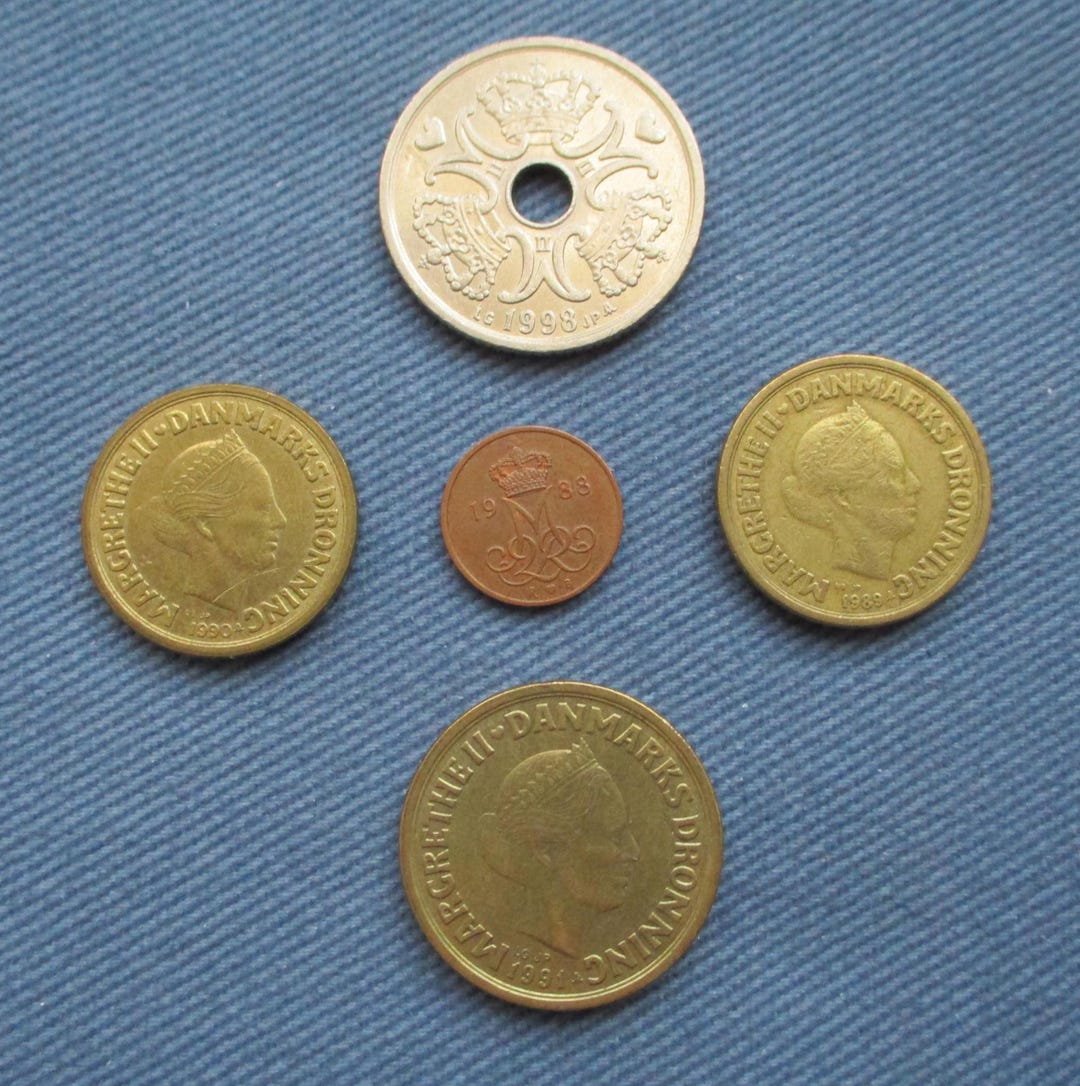 Lot of 5 Vintage Danish Coins, Dated 1988 - 1998, Various Denominations ...