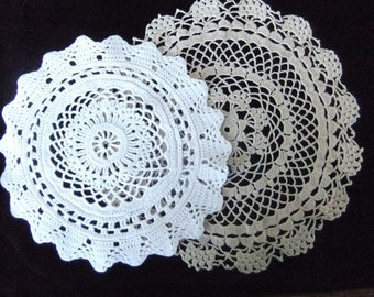 Two Vintage Crocheted Doilies, One White, One Ecru, Estate Find