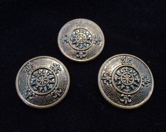 Vintage Embossed Metal Buttons, Antique Brass Finish, Set of 3