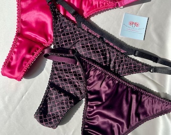 Black Pink  Satin V String Thong - Gift Lingerie - Silk Panty with Adjustable straps