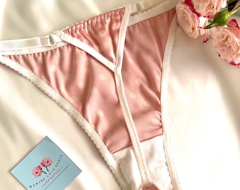 READY Braguita de satén - Rosa rubor - Tanga de seda con lunares Tallas S-M-L