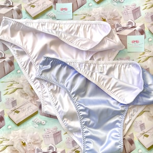 Baby blue white men&#39;s double briefs, silk satin male panty with two layers