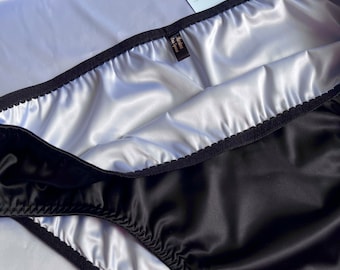 Black men's double briefs, blue silk satin male panty with two layers