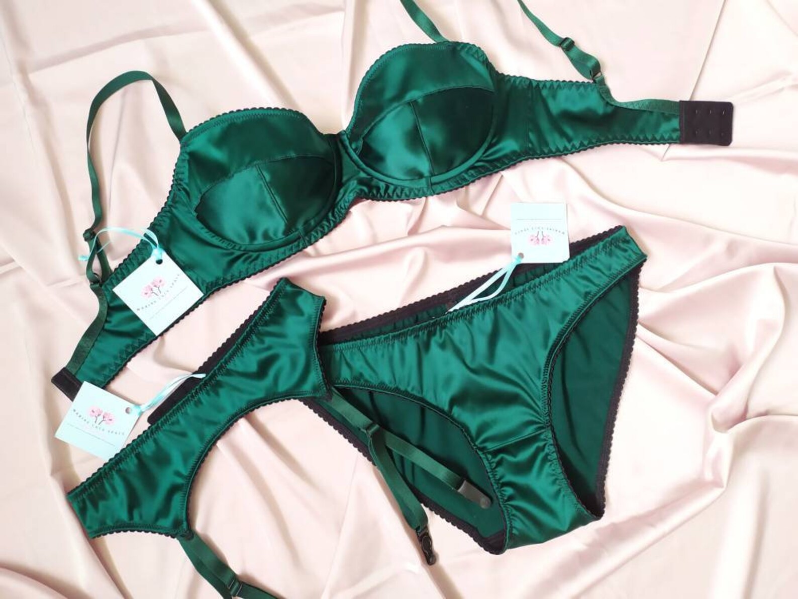 Green Satin Lingerie Set Green Emerald Sexy Panties Black - Etsy UK