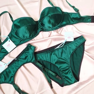 Green Satin Lingerie Set, Green Emerald Sexy Panties, Black Silk