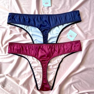 Navy blue men&#39;s double thong, baby blue satin male string bikini with two layers