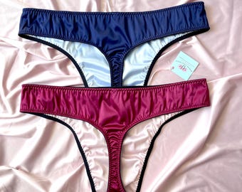 Tanga azul marino para hombre con forro azul bebé - Bikini de satén doble con dos capas