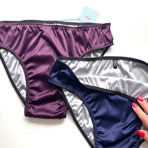 Blue navy silver double satin briefs for men, purple plum silk male panty with two layers of stretch satin