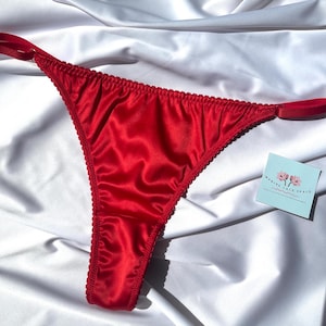 Red Satin V String Bikini - Silk Thong Panty - Lingerie Gift for Woman